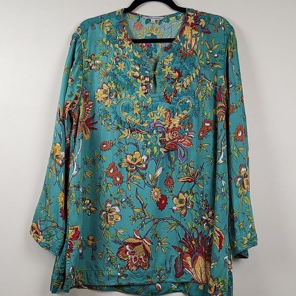 John Mark Embroidered Floral Roll Tab Sleeve Tunic Size Large - Picture 14 of 14